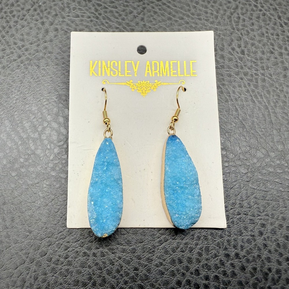 Kinsley Armelle Earrings Blue Druzy Stone Drop‎ Gold Tone Statement Jewelry 2"